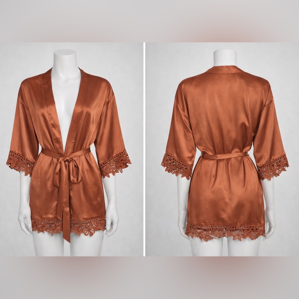 Birdy Grey Satin Lace Trim Bridal Robe M/L Rust Copper Bride Kimono Robe